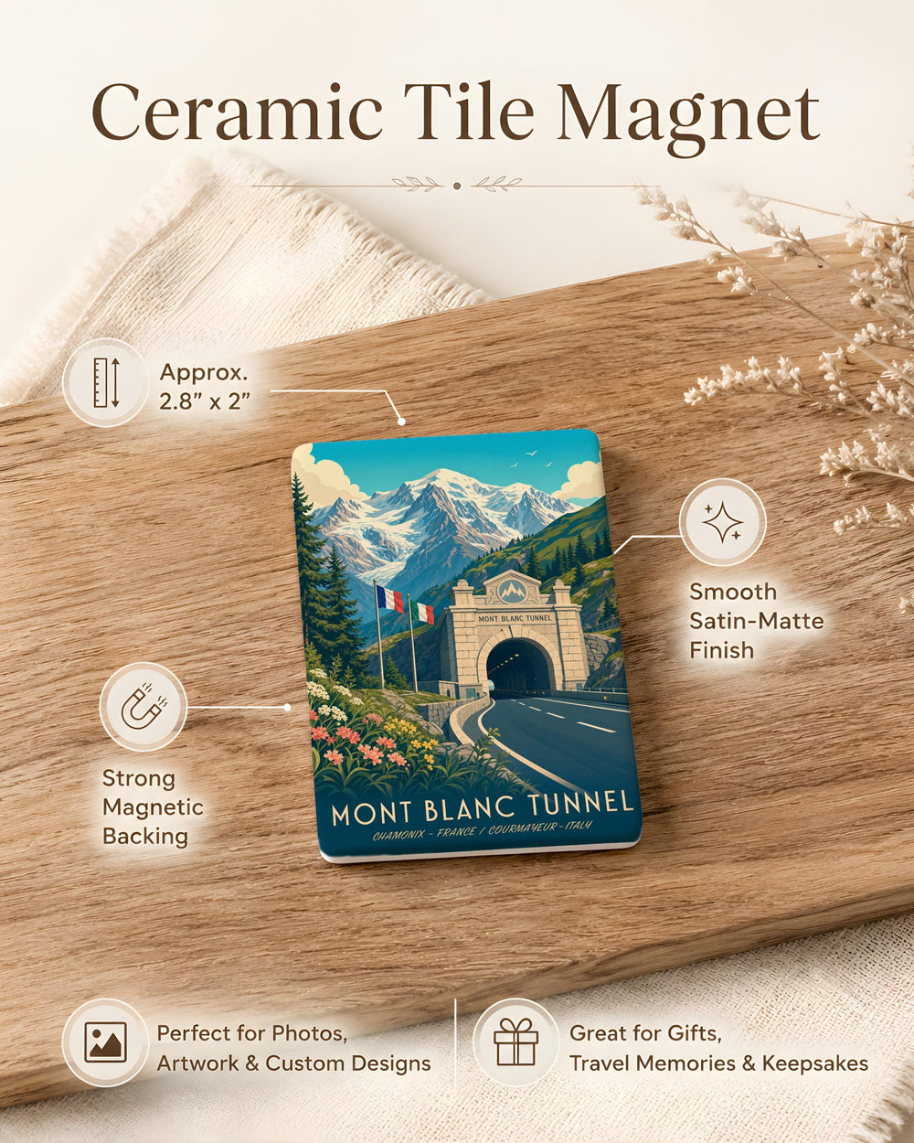 Mont Blanc Tunnel Fridge Magnet, Alpine Mountain Pass Souvenir, France Italy Border Landmark Travel Keepsake