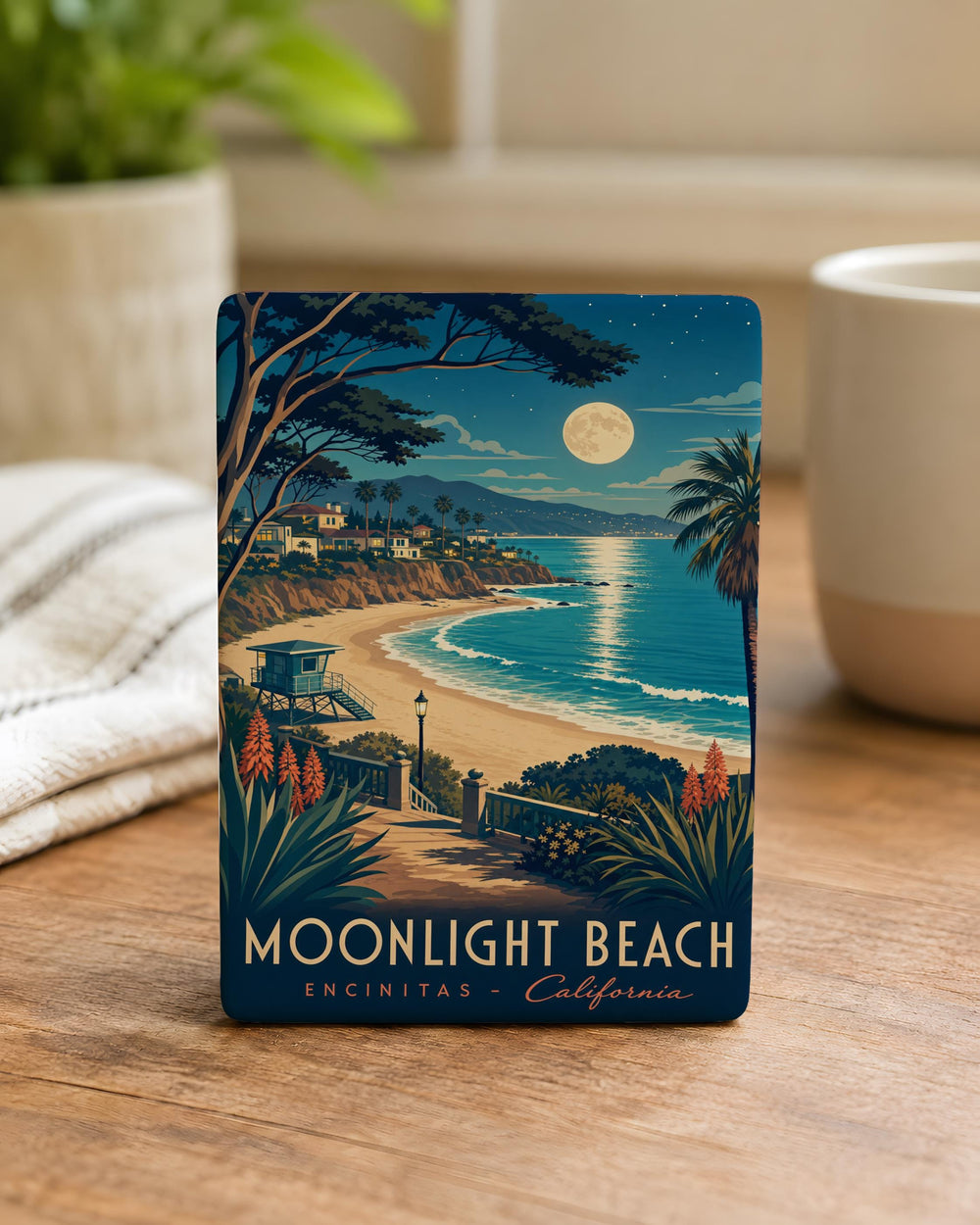 Moonlight Beach Fridge Magnet, Night Beach Scene Magnet, Moonlit Shoreline Ocean Waves Coastal Seaside Souvenir Magnet