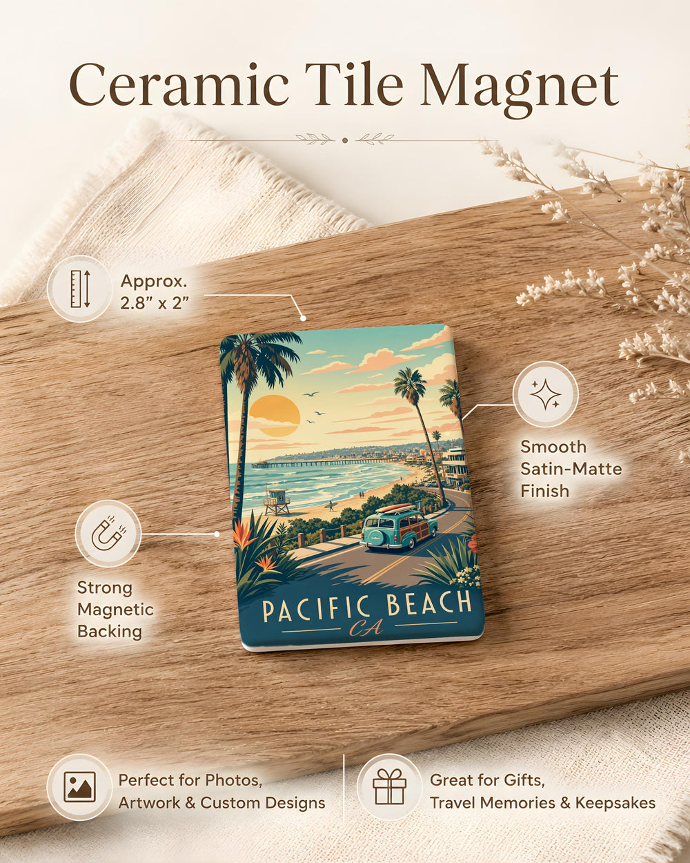 Pacific Beach CA Fridge Magnet, San Diego California Coastal Souvenir, Beach Town Travel Keepsake, Oceanfront Vacation Gift