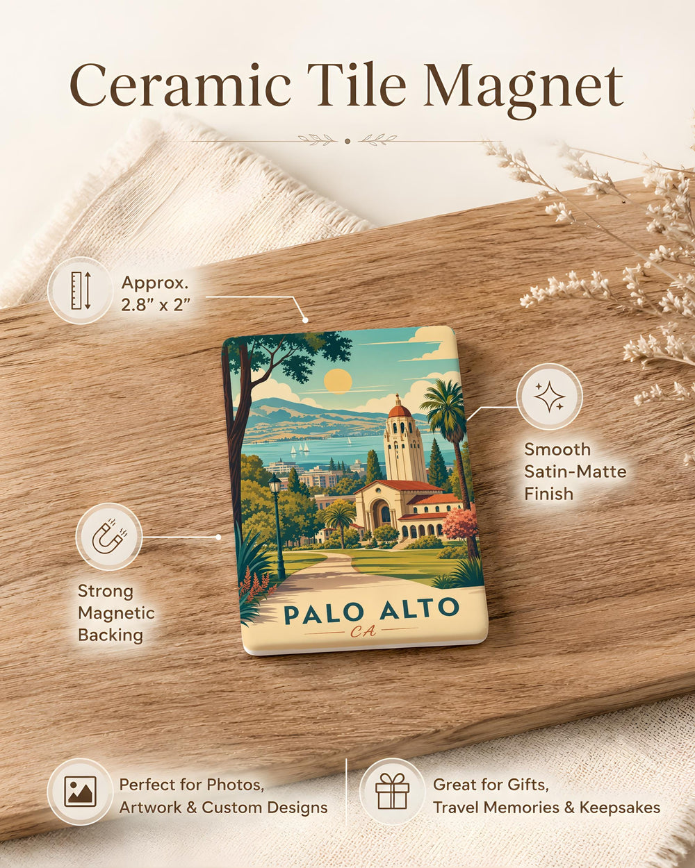 Palo Alto CA Fridge Magnet, Palo Alto California Souvenir Magnet, Bay Area Travel Gift, City Landmark Keepsake Magnet