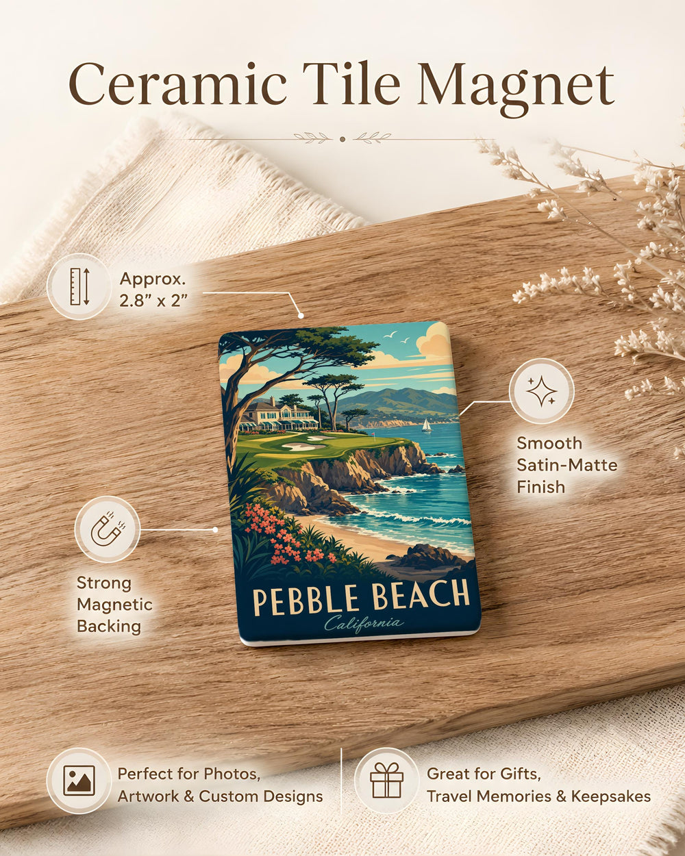 Pebble Beach CA Fridge Magnet, Pebble Beach California Souvenir Magnet, Monterey Peninsula Coastal Landmark Magnet