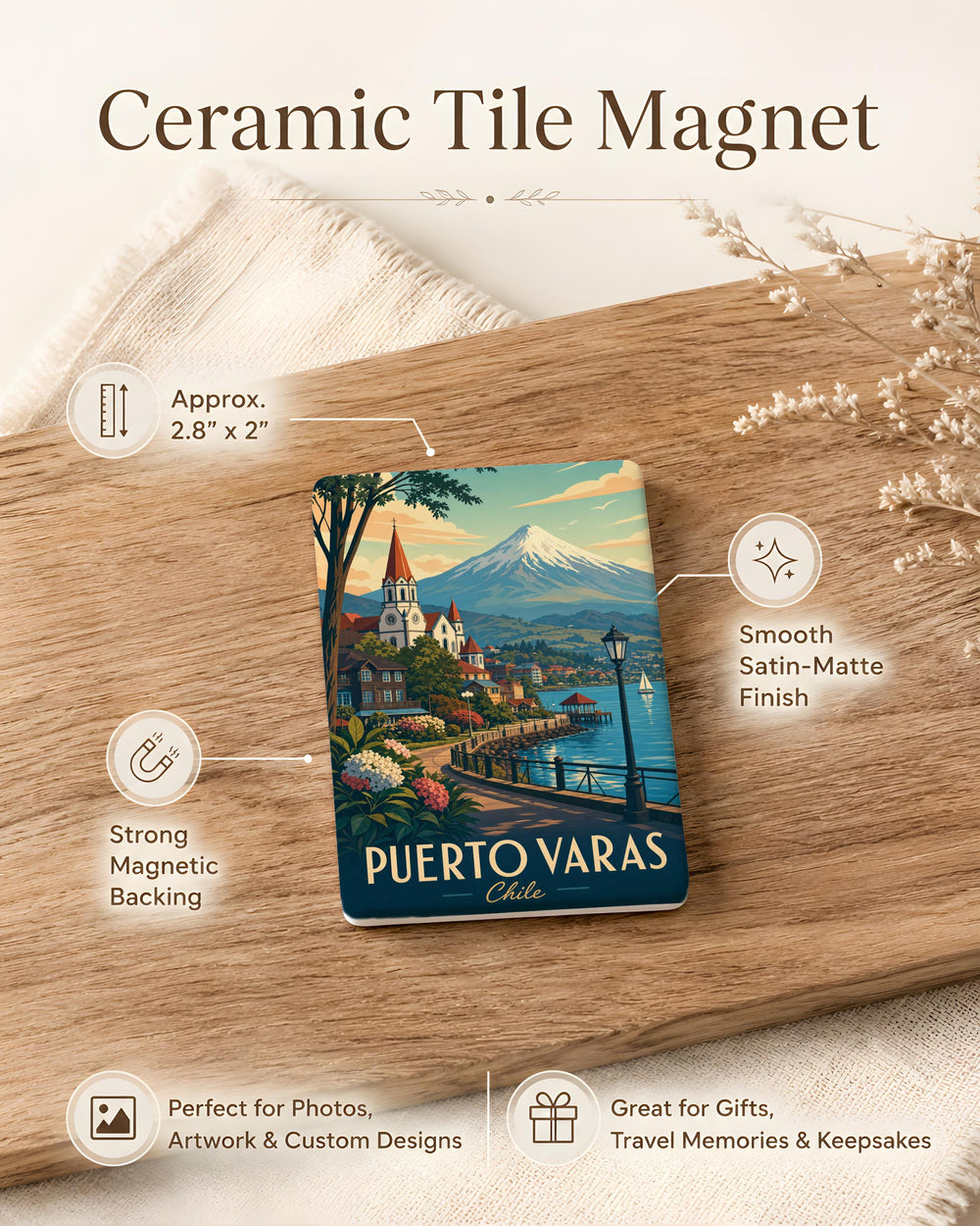 Puerto Varas Chile Fridge Magnet, Lake Llanquihue Souvenir, Osorno Volcano Landmark Travel Keepsake Gift