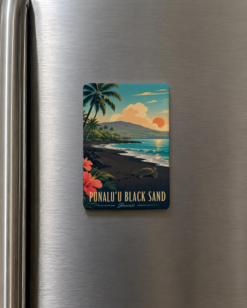 Punalu'u Black Sand Beach Hawaii Fridge Magnet, Sea Turtles Coastal Shoreline Souvenir Magnet
