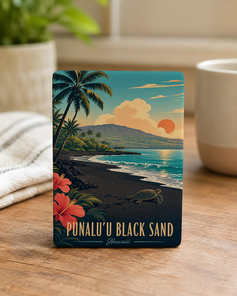 Punalu'u Black Sand Beach Hawaii Fridge Magnet, Sea Turtles Coastal Shoreline Souvenir Magnet