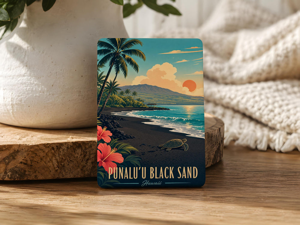 Punalu'u Black Sand Beach Hawaii Fridge Magnet, Sea Turtles Coastal Shoreline Souvenir Magnet