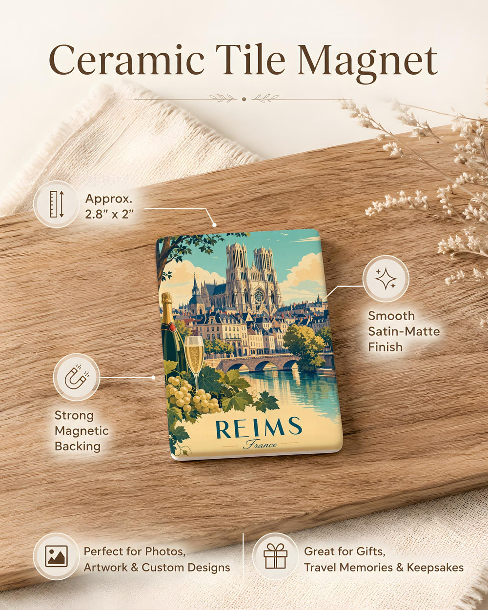 Reims France Fridge Magnet, Reims Cathedral Souvenir, French City Travel Keepsake, Champagne Region Landmark Magnet