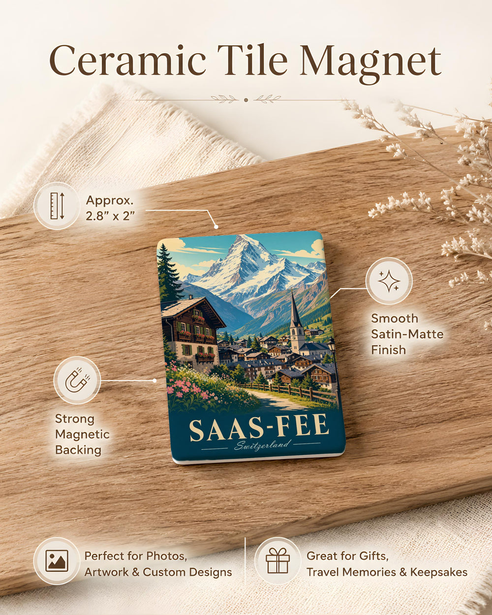 Saas-Fee Switzerland Fridge Magnet, Swiss Alps Mountain Resort Souvenir Magnet, Valais Travel Gift, Alpine Village Keepsake