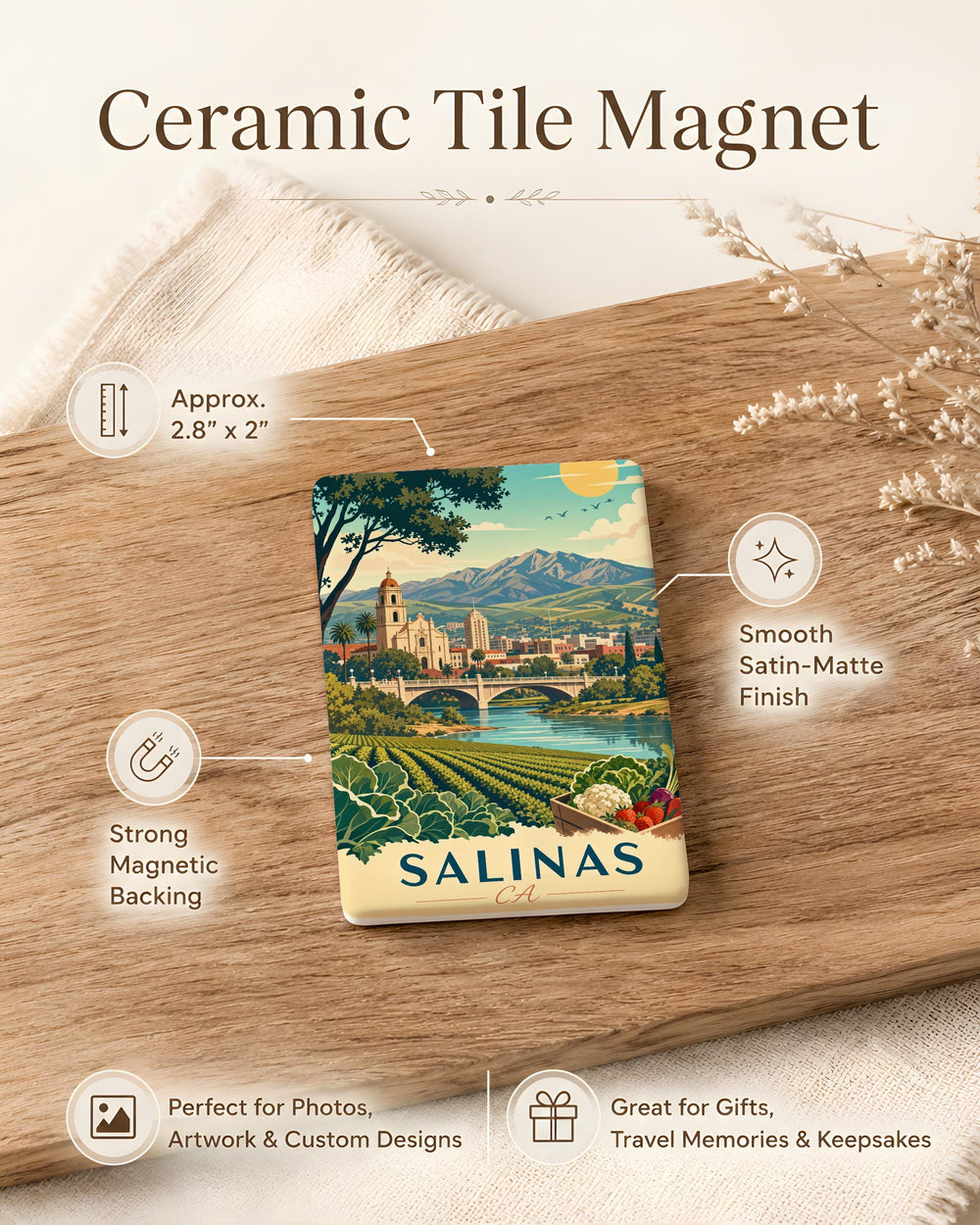 Salinas CA Fridge Magnet, Salinas California Souvenir Magnet, Salinas City Travel Gift, California Central Coast Keepsake Magnet
