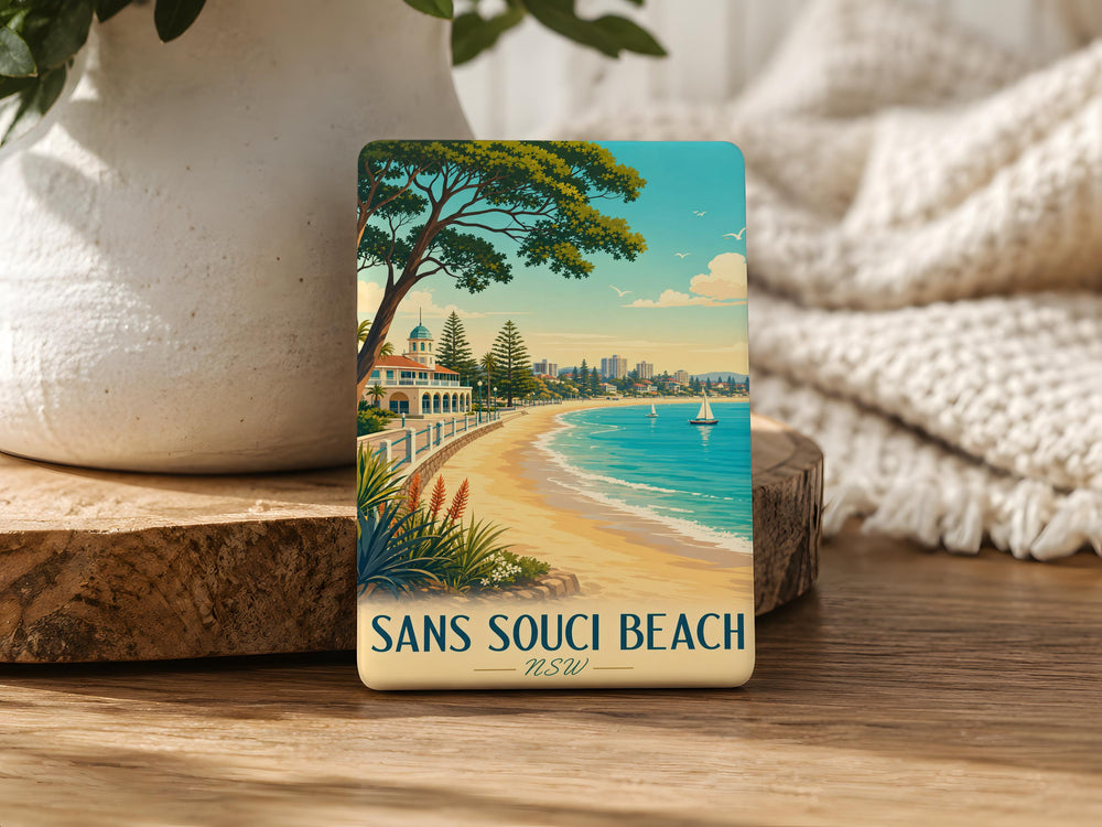 Sans Souci Beach Fridge Magnet, Tropical Beach Scene Souvenir Magnet, Coastal Vacation Keepsake Magnet