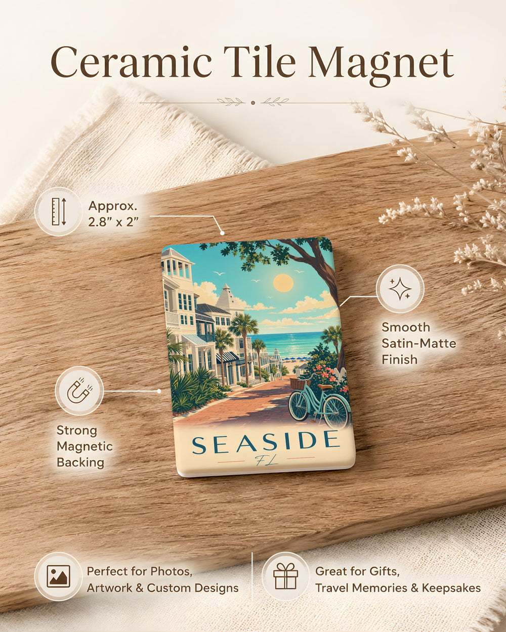 Seaside Florida Fridge Magnet, Coastal Beach Scene Souvenir Magnet, Ocean Waves Palm Trees Vacation Keepsake Gift