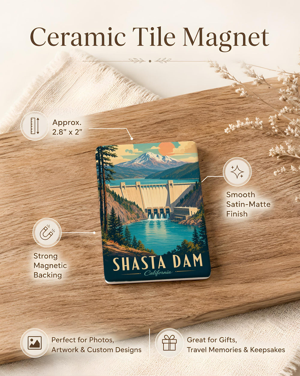 Shasta Dam Fridge Magnet, California Landmark Souvenir, Shasta Lake Travel Keepsake, Dam and Reservoir Magnet Gift