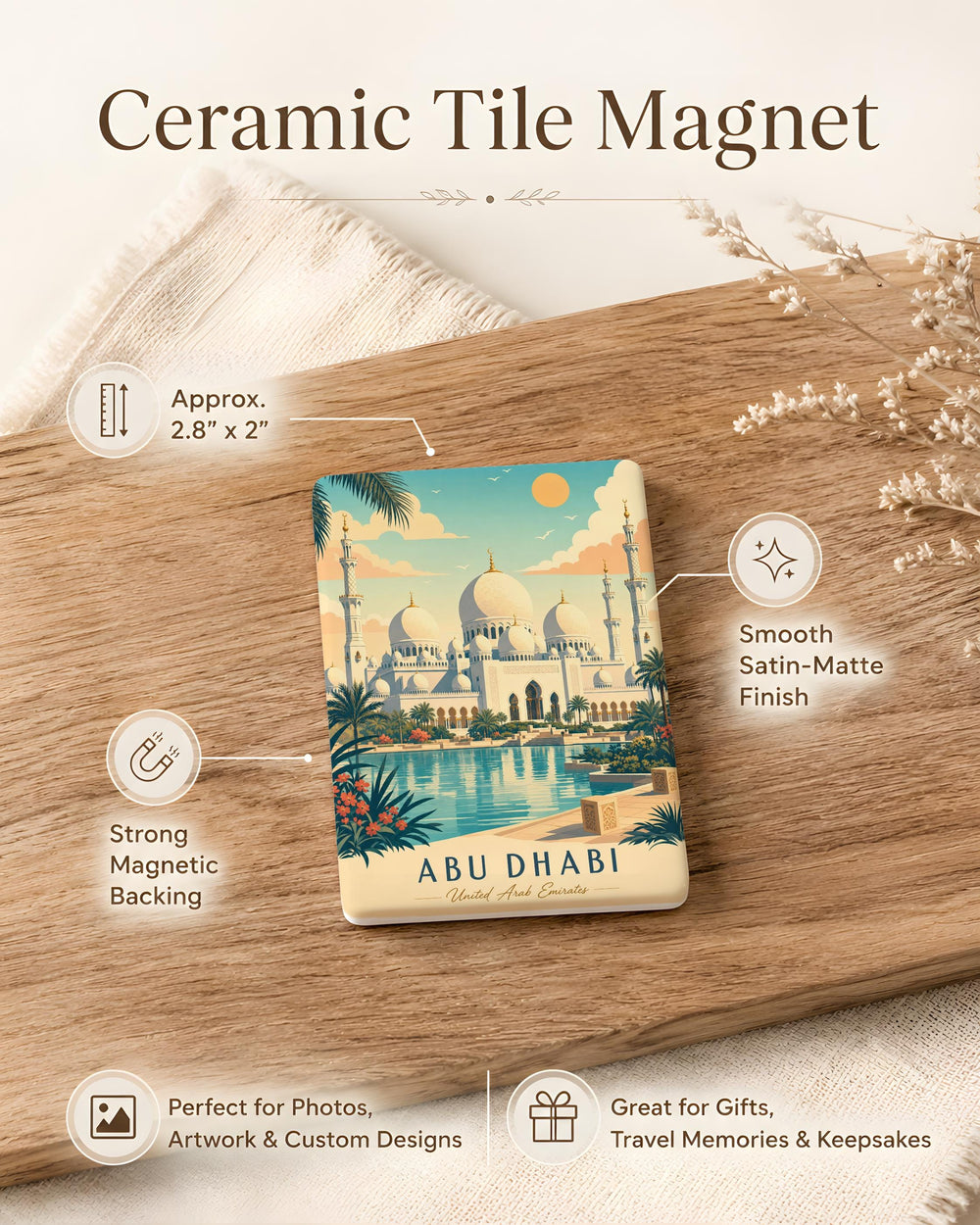 Sheikh Zayed Grand Mosque Fridge Magnet, Abu Dhabi UAE Landmark Souvenir Magnet, Islamic Architecture Travel Keepsake Magnet