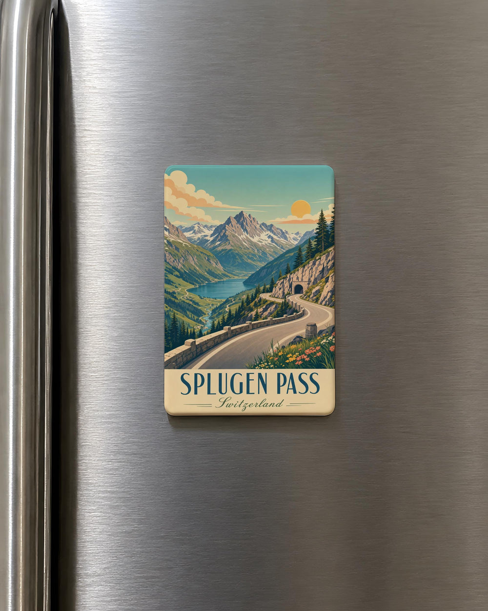 Splügen Pass Fridge Magnet, Swiss Alpine Mountain Pass Travel Souvenir, Switzerland Road Trip Keepsake, Alps Landmark Magnet