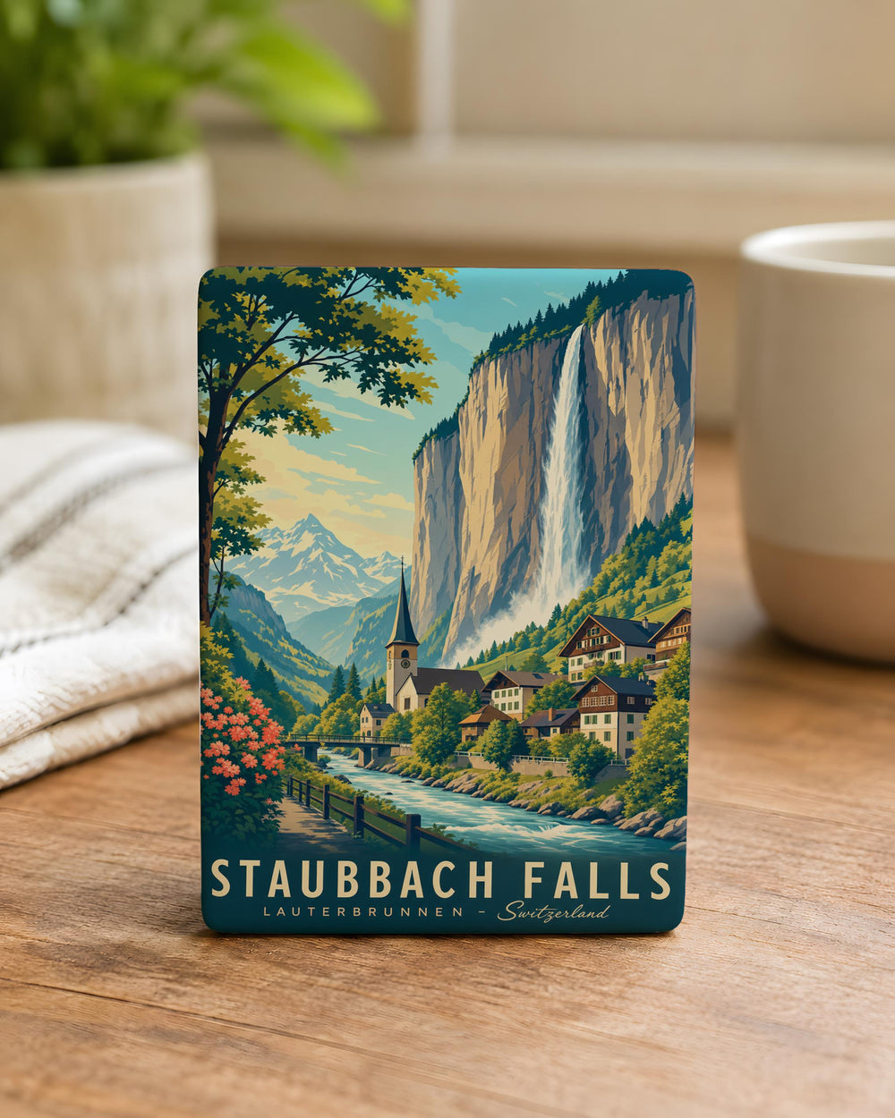 Staubbach Falls Fridge Magnet, Lauterbrunnen Valley Switzerland Waterfall Souvenir, Alpine Travel Landmark Magnet
