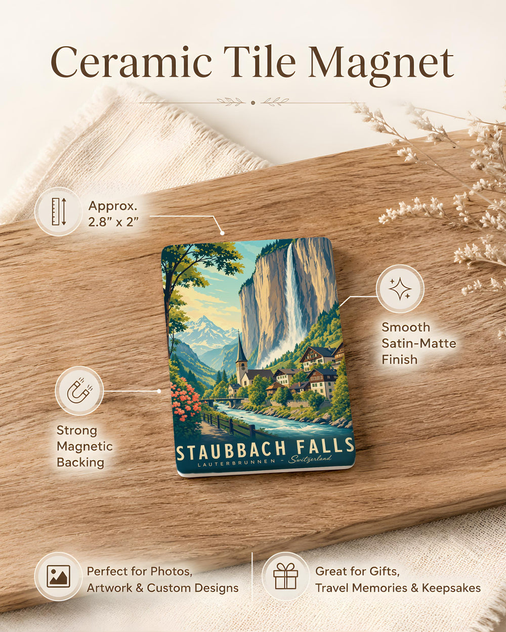 Staubbach Falls Fridge Magnet, Lauterbrunnen Valley Switzerland Waterfall Souvenir, Alpine Travel Landmark Magnet