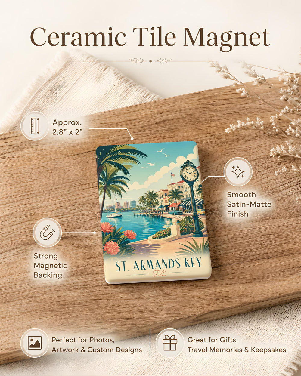 St. Armands Key Florida Fridge Magnet, St Armands Circle Sarasota Souvenir, Coastal Gulf Coast Travel Keepsake Magnet