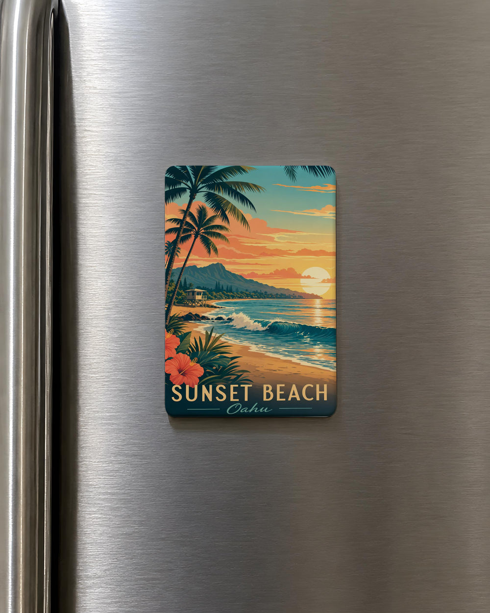 Oahu Sunset Beach Fridge Magnet, Hawaii Island Coastal Shoreline Souvenir Magnet, Ocean Waves Beach Scene Magnet