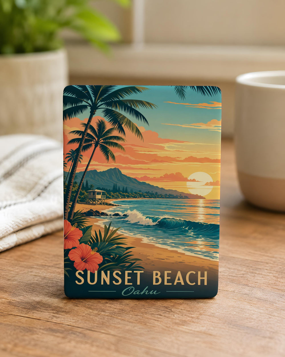 Oahu Sunset Beach Fridge Magnet, Hawaii Island Coastal Shoreline Souvenir Magnet, Ocean Waves Beach Scene Magnet