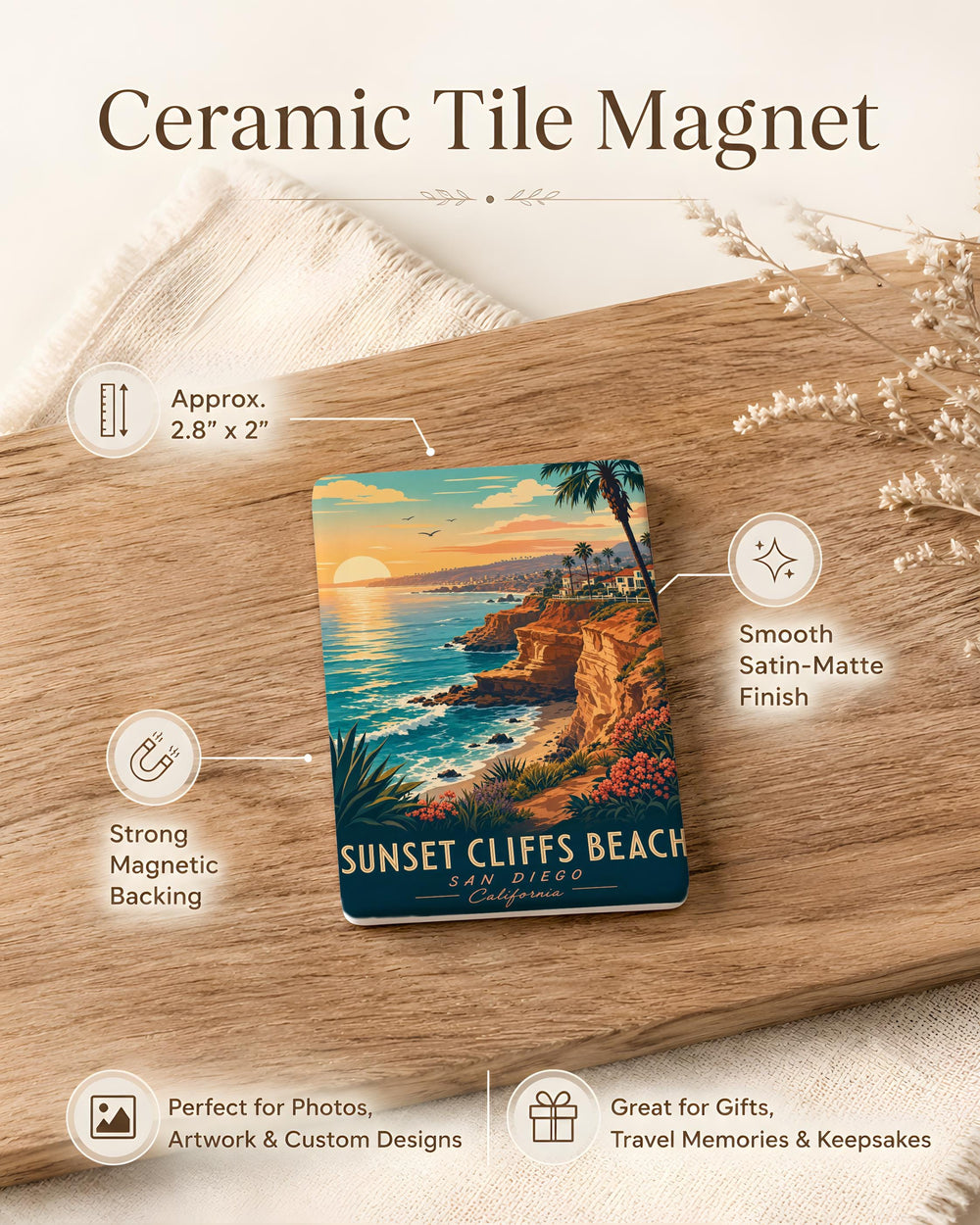 Sunset Cliffs Beach Fridge Magnet, Coastal Cliffside Ocean Shoreline Souvenir Magnet, San Diego California Beach Magnet