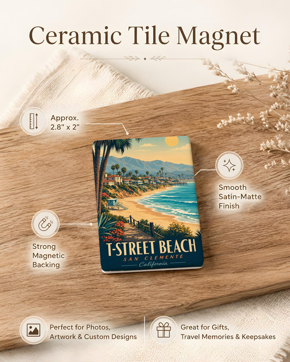 T-Street Beach Fridge Magnet, San Clemente California Surf Spot Souvenir, Coastal Beach Scene Magnet, Ocean Waves Magnet