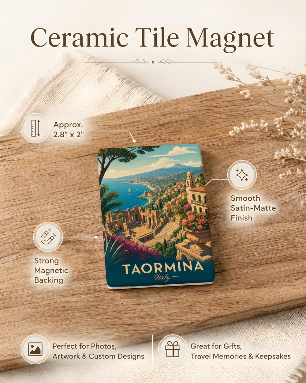 Taormina Italy Fridge Magnet, Sicilian Coastal Town Souvenir, Taormina Travel Gift, Italy Vacation Keepsake Magnet