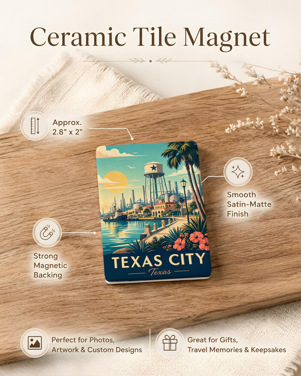Texas City TX Fridge Magnet, Texas City Souvenir Magnet, Texas Gulf Coast Travel Keepsake, Texas Gift for Home Kitchen Locker Decor
