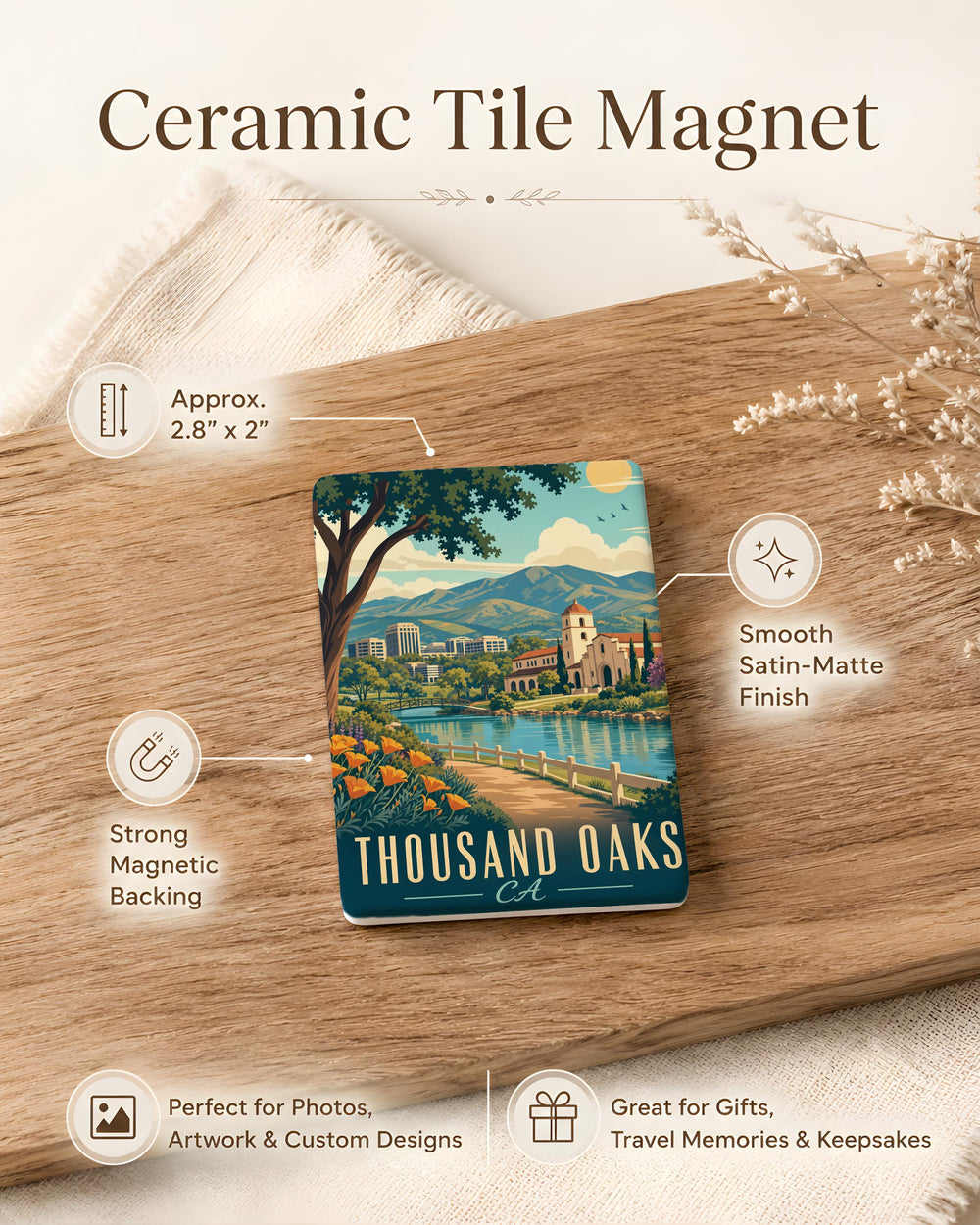 Thousand Oaks CA Fridge Magnet, Thousand Oaks California Souvenir Magnet, City Landmark Travel Gift, Ventura County Keepsake