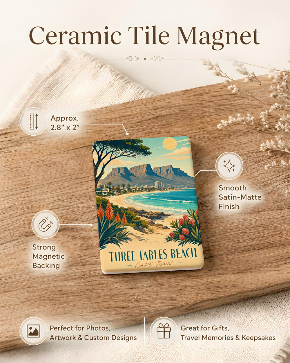 Three Tables Beach Fridge Magnet, Coastal Beach Scene Souvenir, Ocean Shore Decor Magnet, Beach Lover Gift