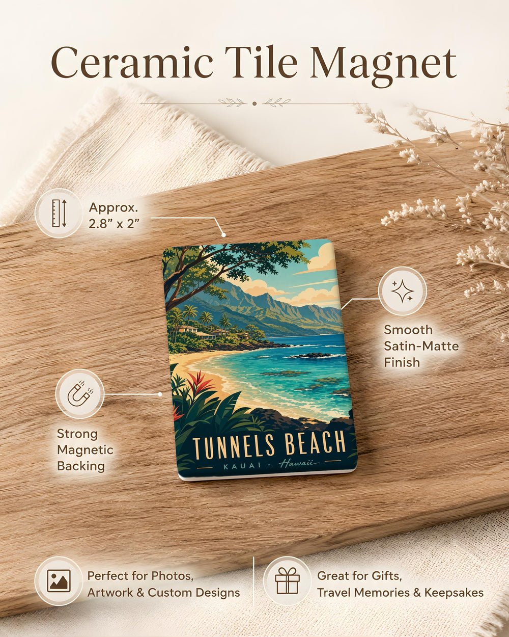 Tunnels Beach Fridge Magnet, Kauai Hawaii Coastal Sea Caves Ocean Cliff Shoreline Souvenir Magnet, Beach Lover Gift
