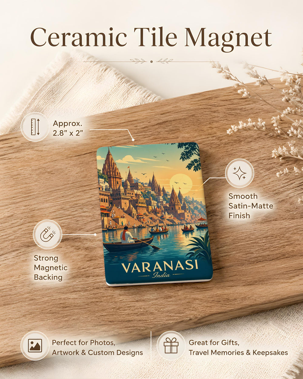 Varanasi India Fridge Magnet, Ganges River Ghats, Hindu Temples, Boats on the River, Indian City Souvenir Magnet