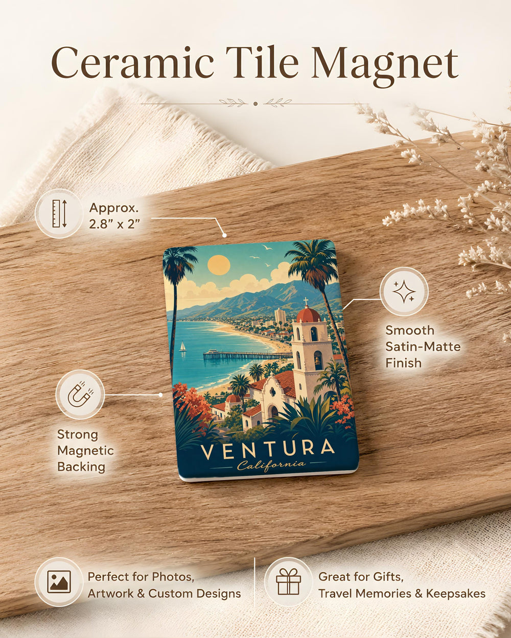 Ventura CA Fridge Magnet, Ventura California Souvenir Magnet, Coastal Beach Town Travel Gift, Oceanfront Landmark Keepsake