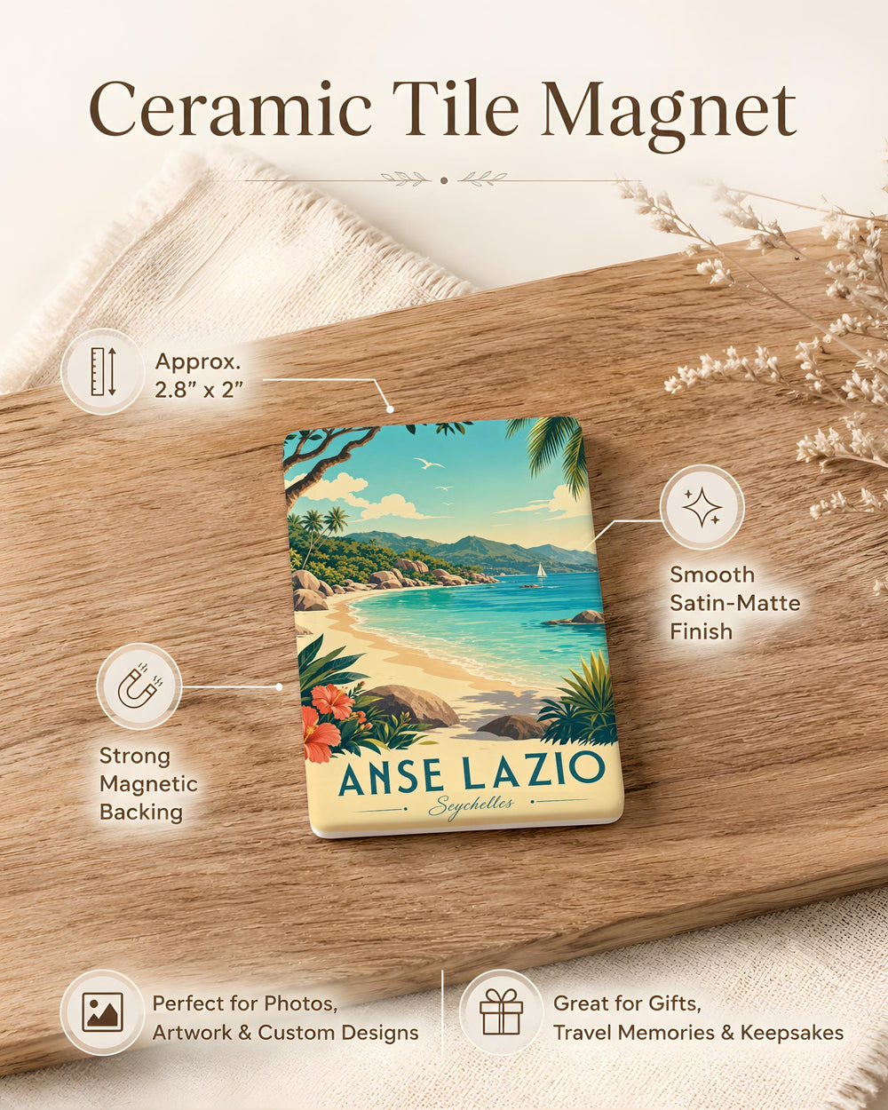 Anse Lazio Seychelles Beach Fridge Magnet, Tropical Island Cove Souvenir Magnet, Ocean Shore Travel Gift