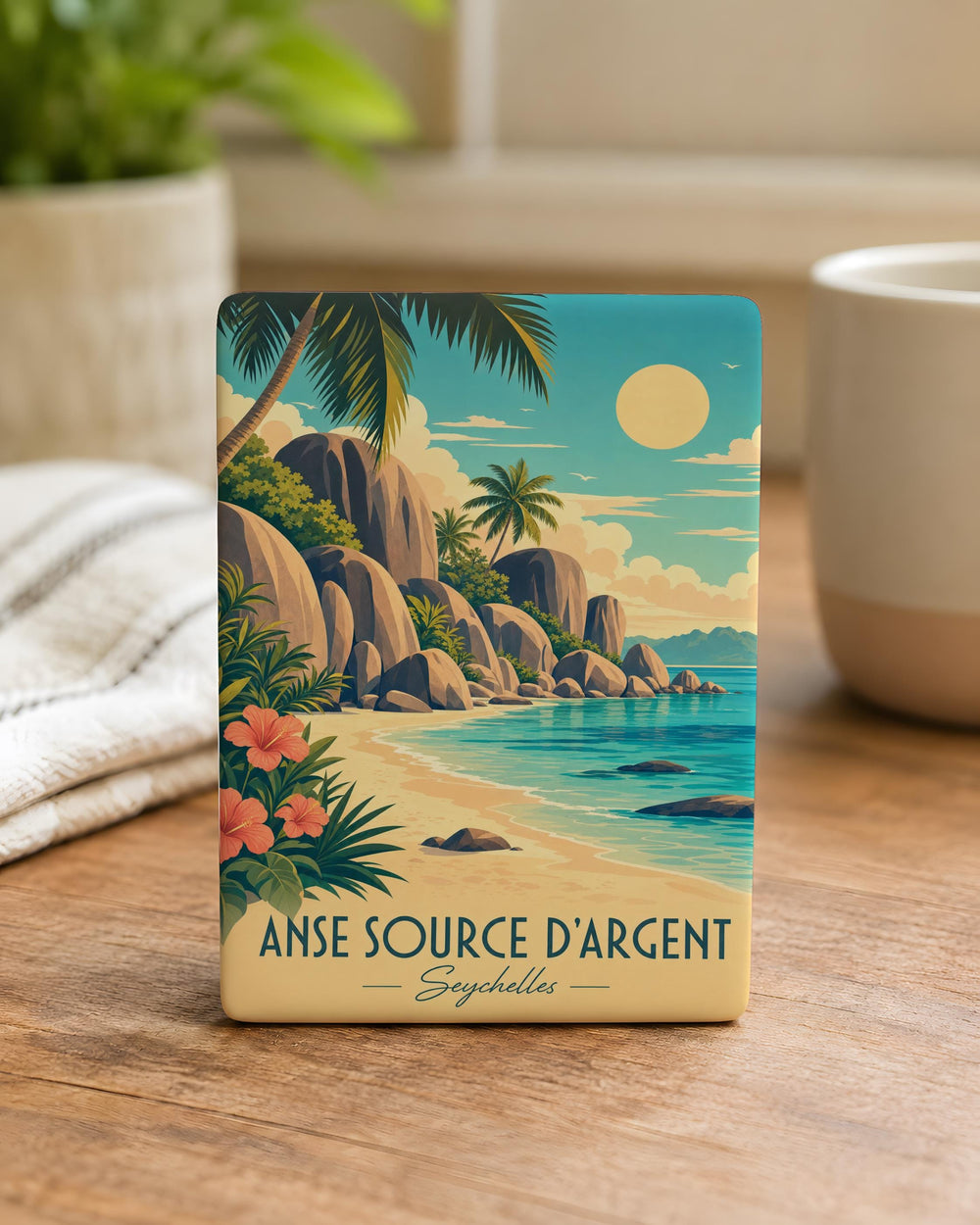 Anse Source d’Argent Fridge Magnet, Seychelles Beach Granite Boulders Palm Trees Tropical Island Souvenir Magnet