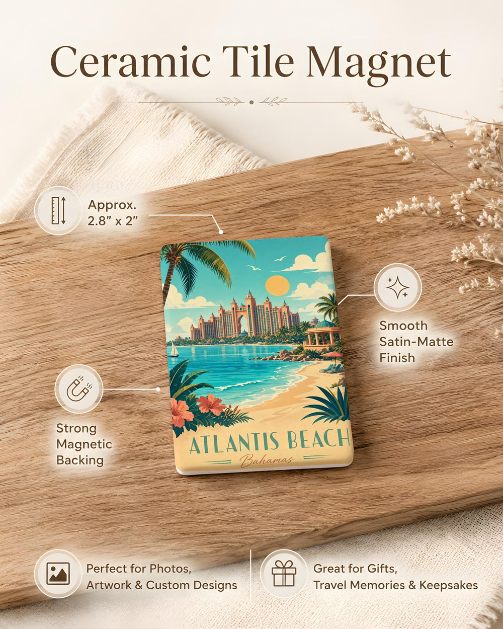 Atlantis Beach Fridge Magnet, Coastal Ocean Shoreline Souvenir, Seaside Vacation Travel Keepsake Magnet