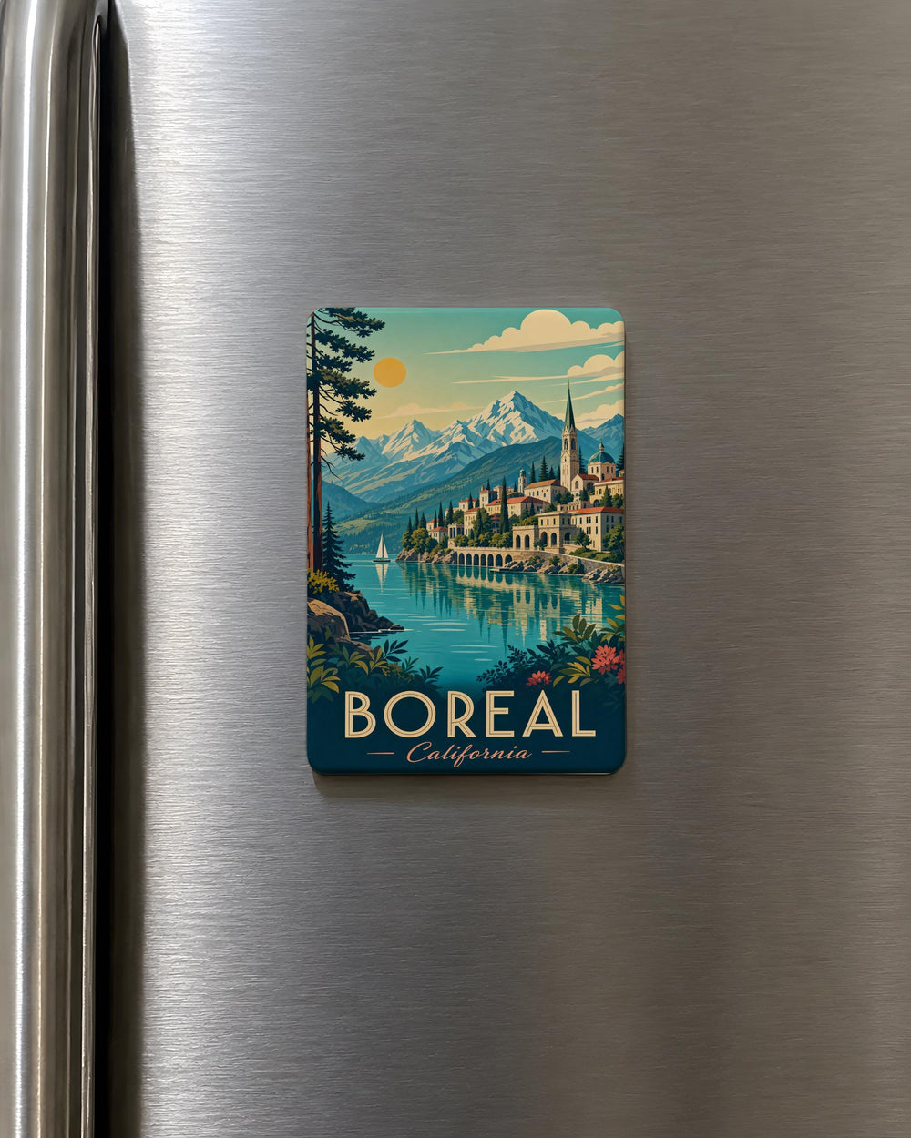 Boreal Forest Fridge Magnet, Northern Pines Wilderness Nature Scene Magnet, Rustic Cabin & Aurora Refrigerator Magnet