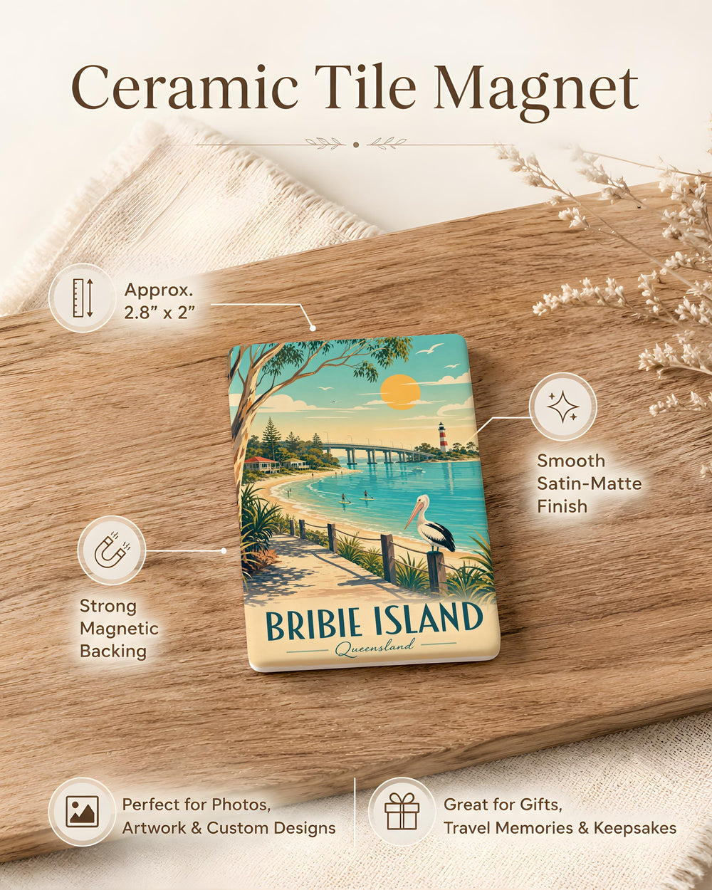 Bribie Island Fridge Magnet, Queensland Australia Souvenir, Beach Island Travel Gift, Coastal Landmark Keepsake Magnet