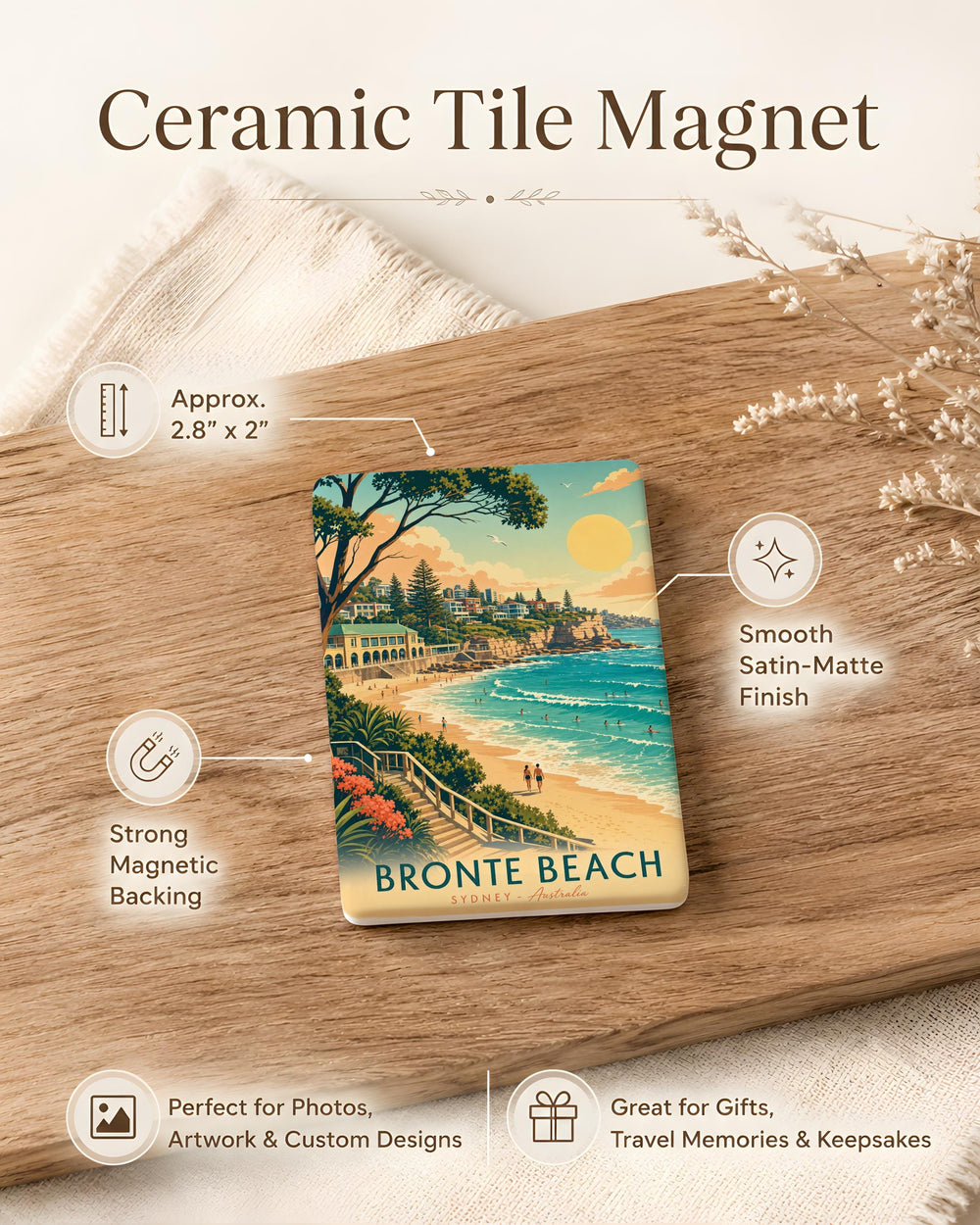 Bronte Beach Fridge Magnet, Sydney Australia Coastal Seaside Souvenir, Beach Landmark Travel Gift, Ocean Shore Keepsake