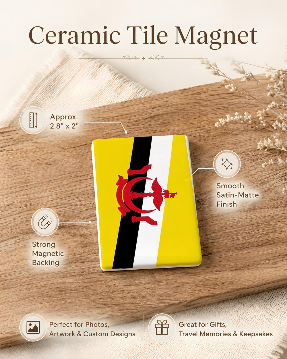 Brunei Flag Fridge Magnet, Brunei Darussalam Souvenir Magnet, Southeast Asia Travel Gift, National Flag Kitchen Magnet