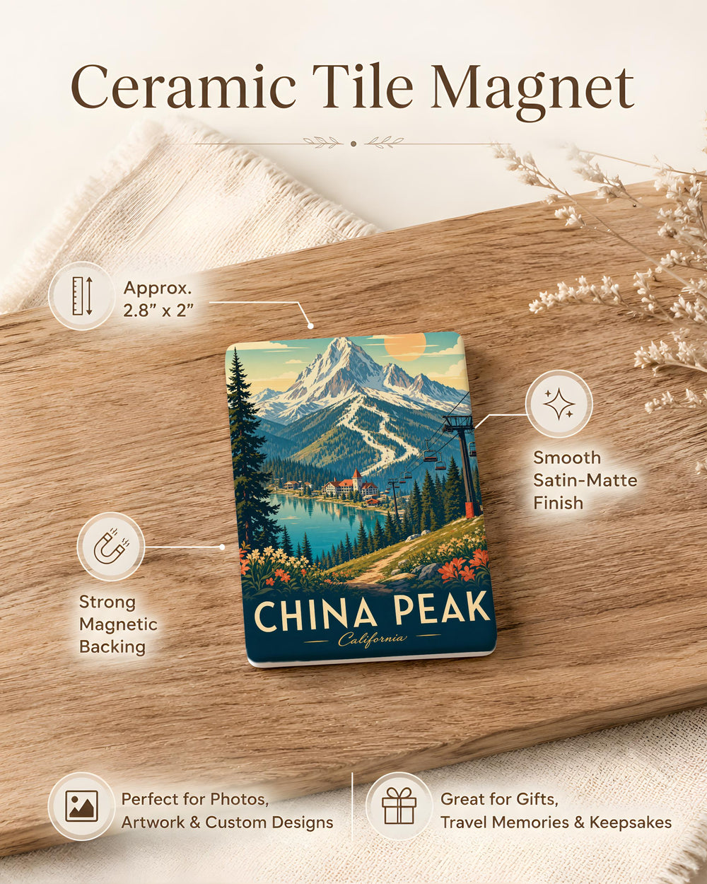 China Peak Fridge Magnet, Mountain Ski Resort Souvenir, California Snowy Peak Travel Keepsake Magnet
