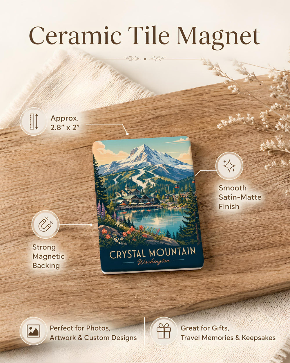 Crystal Mountain Fridge Magnet, Mountain Peak Landscape Souvenir Magnet, Outdoor Adventure Nature Decor Gift