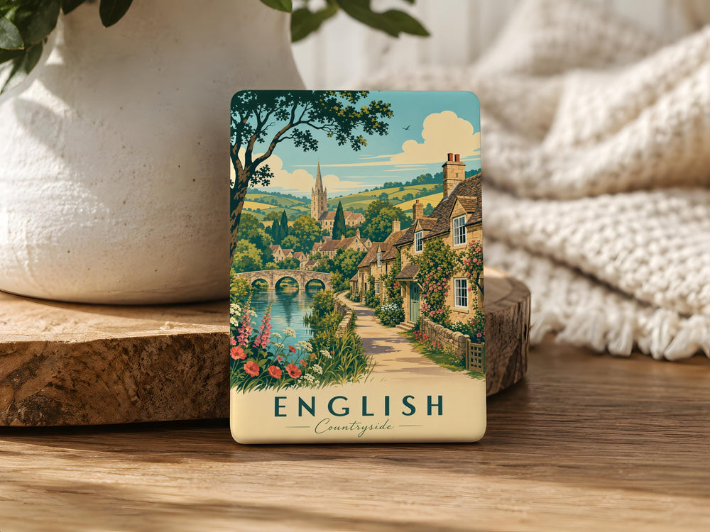 English Countryside Fridge Magnet, Rural Village Landscape, Rolling Hills, Cottage and Farmland Souvenir Magnet