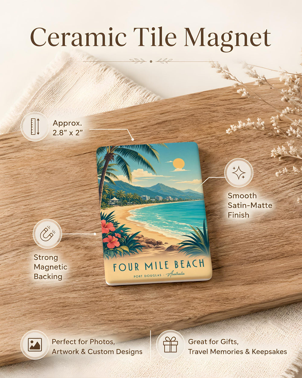 Four Mile Beach Fridge Magnet, Tropical Beach Coastline Souvenir Magnet, Port Douglas Queensland Australia Travel Keepsake Magnet