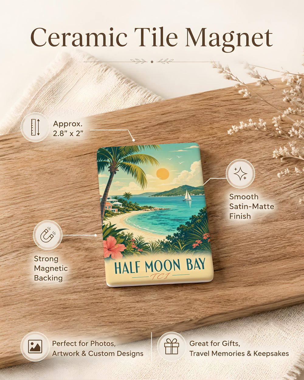 Half Moon Bay TCI Fridge Magnet, Half Moon Bay California Souvenir Magnet, Coastal Town Travel Keepsake Magnet