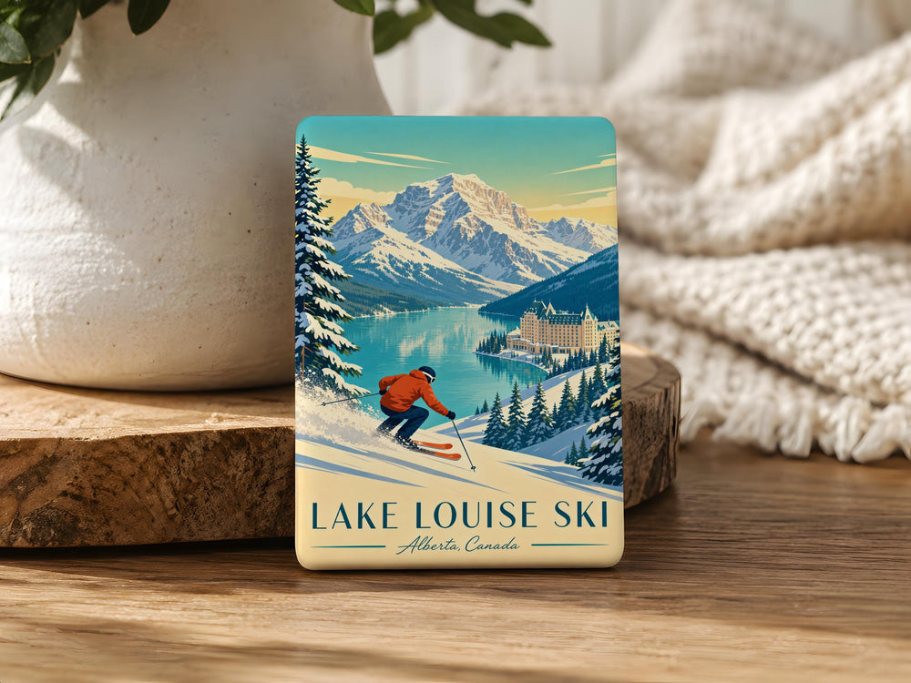 Lake Louise Ski Fridge Magnet, Canada Mountain Resort Souvenir, Winter Skiing Travel Gift, Banff National Park Magnet