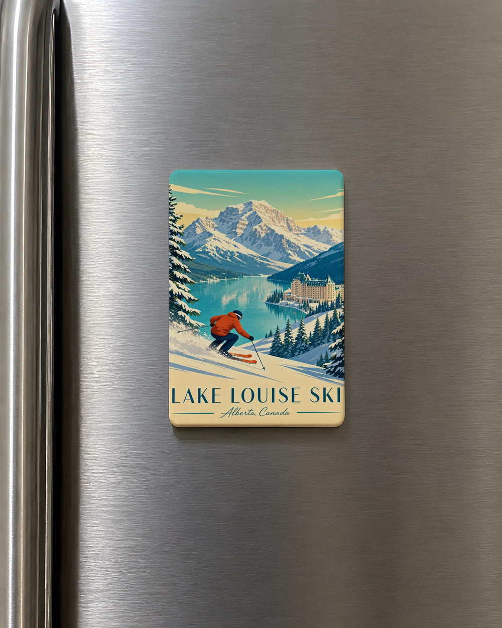 Lake Louise Ski Fridge Magnet, Canada Mountain Resort Souvenir, Winter Skiing Travel Gift, Banff National Park Magnet
