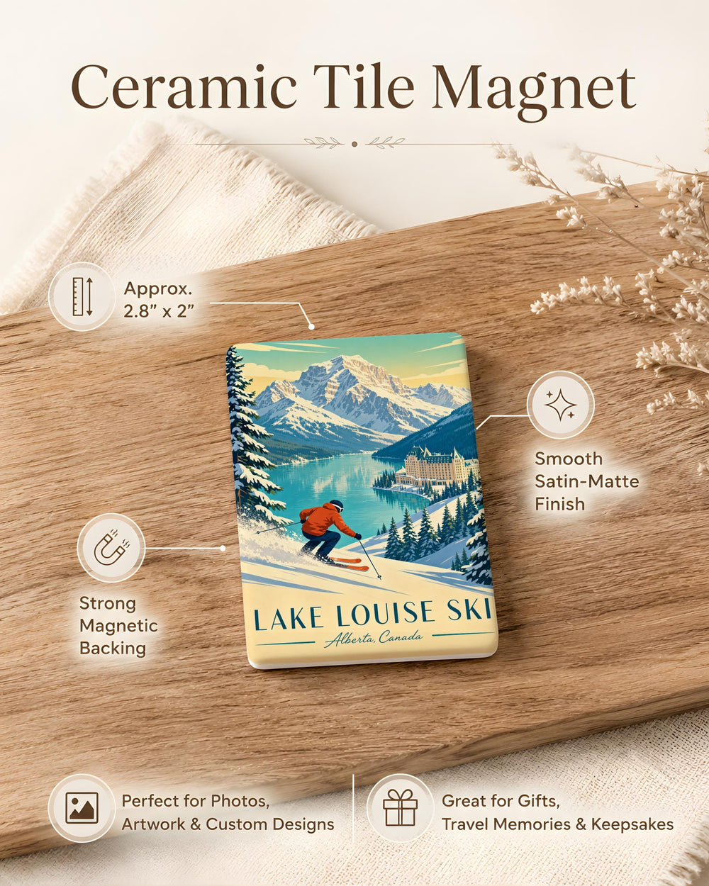 Lake Louise Ski Fridge Magnet, Canada Mountain Resort Souvenir, Winter Skiing Travel Gift, Banff National Park Magnet
