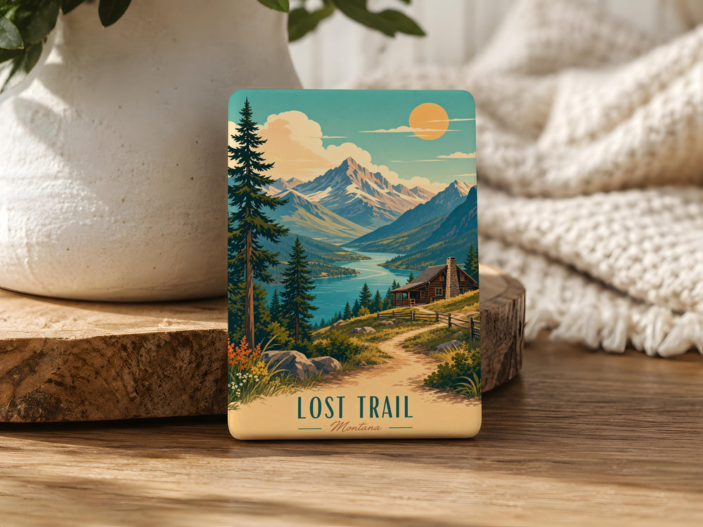 Lost Trail Fridge Magnet, Mountain Pass Travel Souvenir Magnet, Outdoor Hiking Adventure Keepsake, Nature Trail Decor Magnet