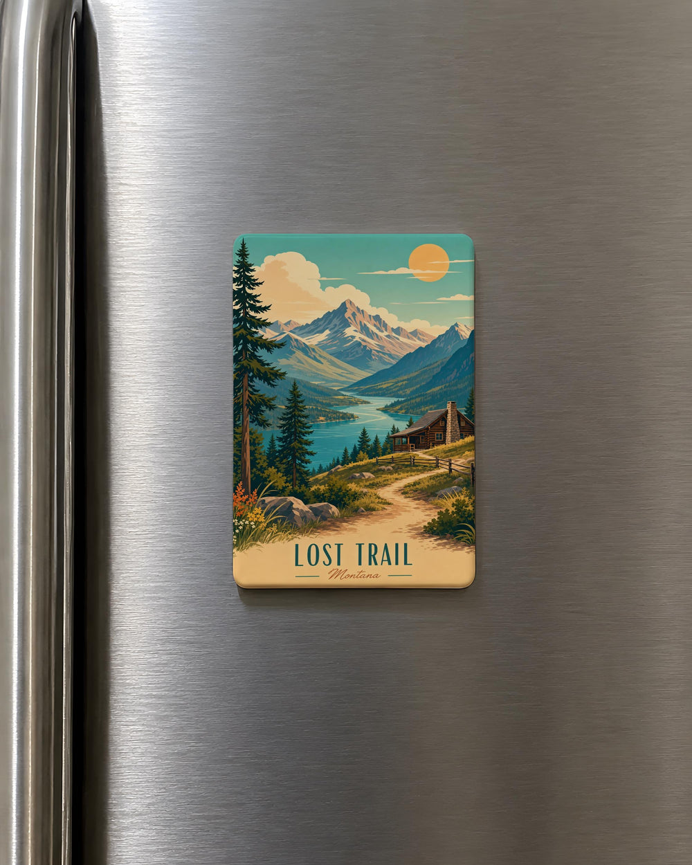 Lost Trail Fridge Magnet, Mountain Pass Travel Souvenir Magnet, Outdoor Hiking Adventure Keepsake, Nature Trail Decor Magnet
