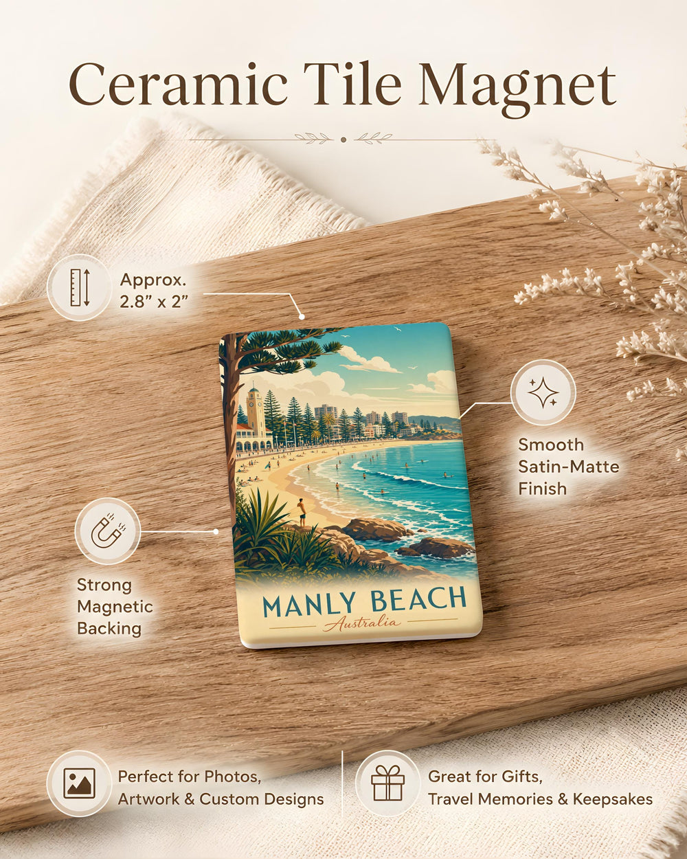 Manly Beach Fridge Magnet, Australia Coastal Seaside Souvenir Magnet, Manly NSW Beach Travel Gift, Oceanfront Landmark Magnet