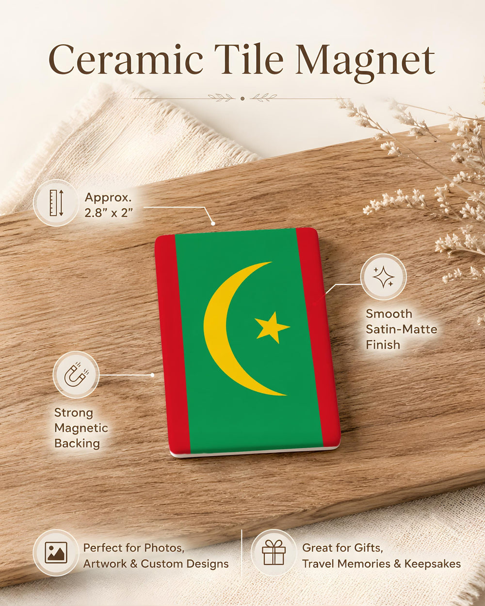 Mauritania Flag Fridge Magnet, Mauritanian National Flag Kitchen Magnet, Mauritania Souvenir Magnet Gift